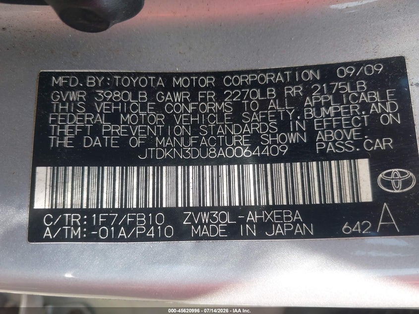 2010 Toyota Prius VIN JTDKN3DU8A0064409 IAAI salvage auction — NORMAL WEAR, Clear (Virginia), sold $1,100 on 2026-07-29 (photo 9)