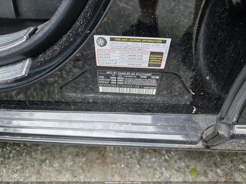 2009 Mercedes-benz S class VIN WDDNG86X79A265158 IAAI salvage auction — BIO HAZARD, Clear-Dealer Only (West Virginia), sold $375 on 2026-07-28 (photo 9)