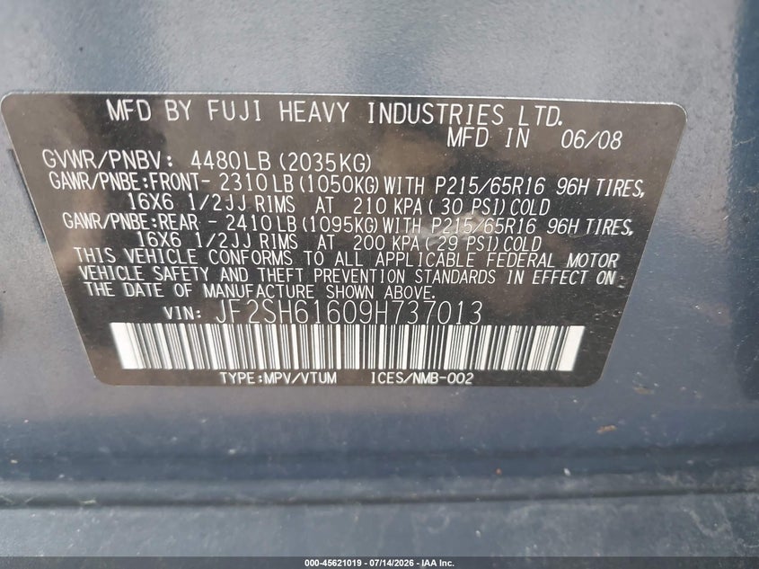 2009 Subaru Forester VIN JF2SH61609H737013 IAAI salvage auction — NORMAL WEAR, Clear (Massachusetts), sold $1,600 on 2026-07-24 (photo 9)