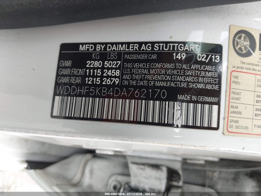 2013 Mercedes-benz E-klasse VIN WDDHF5KB4DA762170 IAAI salvage auction — NORMAL WEAR, Clear - Dealer Only (California), sold $625 on 2026-07-30 (photo 9)
