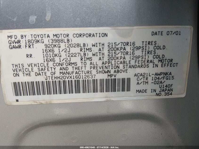 2001 Toyota Rav4 VIN JTEHH20VX16012637 IAAI salvage auction — NORMAL WEAR, Clear (Nevada), sold $775 on 2026-07-31 (photo 9)