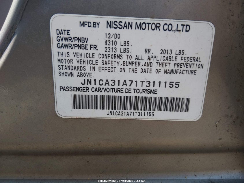 2001 Nissan Maxima VIN JN1CA31A71T311155 IAAI salvage auction — NORMAL WEAR, Clear (New Jersey), sold $400 on 2026-07-30 (photo 9)