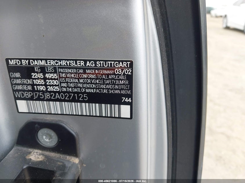 2002 Mercedes-benz Cl-class VIN WDBPJ75J82A027125 IAAI salvage auction — NORMAL WEAR, Original (Texas), sold $700 on 2026-07-29 (photo 9)