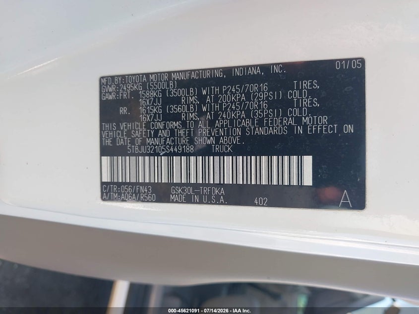 2005 Toyota Tundra VIN 5TBJU32105S449188 IAAI salvage auction — SIDE, Salvage (California), sold $2,300 on 2026-07-31 (photo 9)