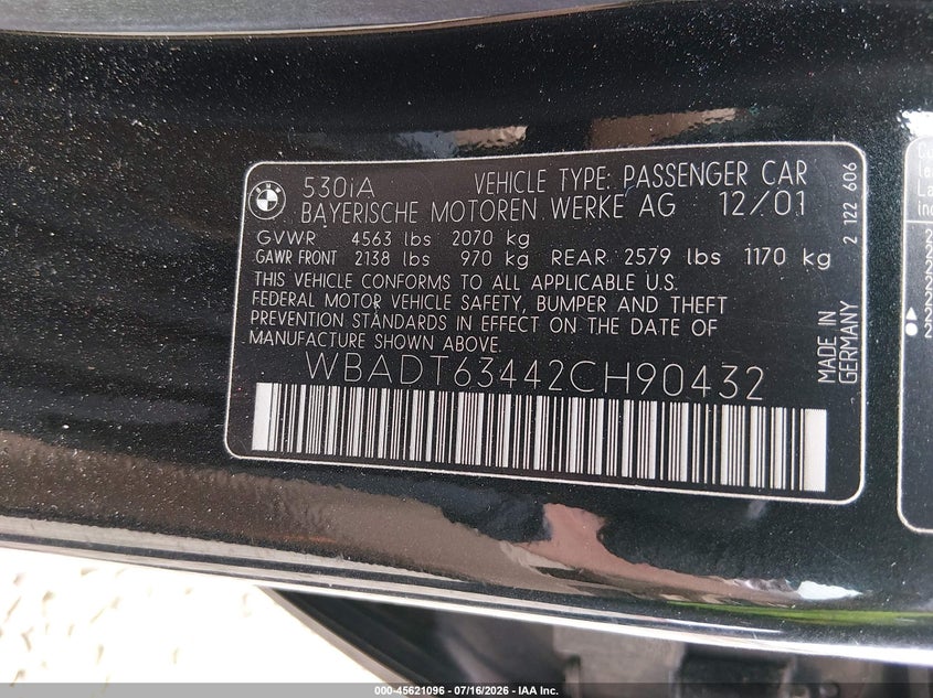 2002 BMW 5 series VIN WBADT63442CH90432 IAAI salvage auction — NORMAL WEAR, Clear - Public Restricted (Oregon), sold $4,200 on 2026-07-27 (photo 9)