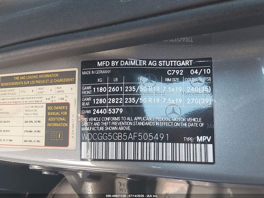 2010 Mercedes-benz Glk-class VIN WDCGG5GB5AF505491 IAAI salvage auction — LEFT FRONT, Salvage (California), sold $2,300 on 2026-08-02 (photo 9)