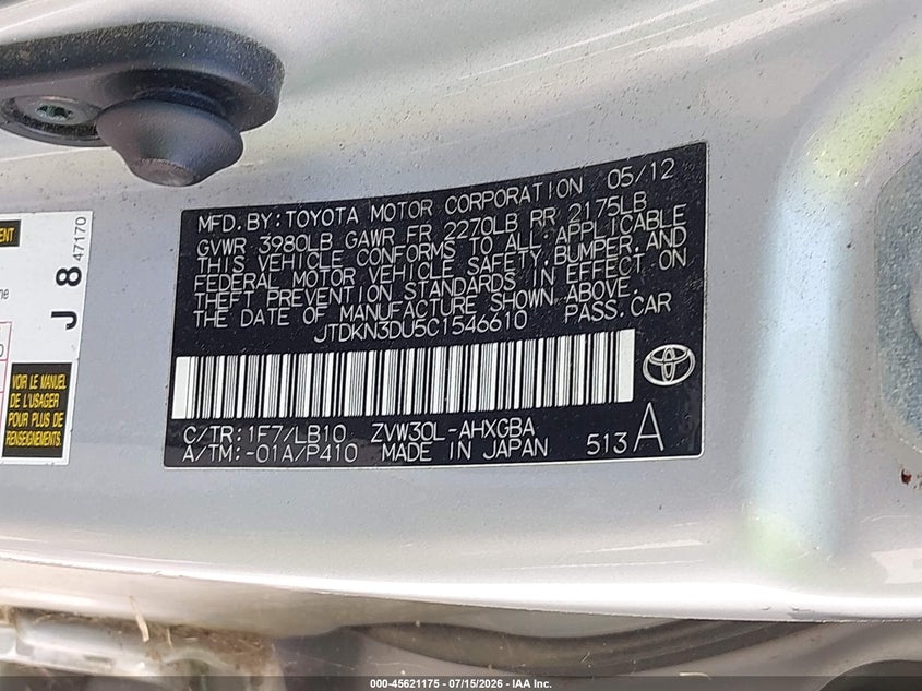 2012 Toyota Prius VIN JTDKN3DU5C1546610 IAAI salvage auction — NORMAL WEAR, Clear (Indiana), sold $275 on 2026-07-30 (photo 9)