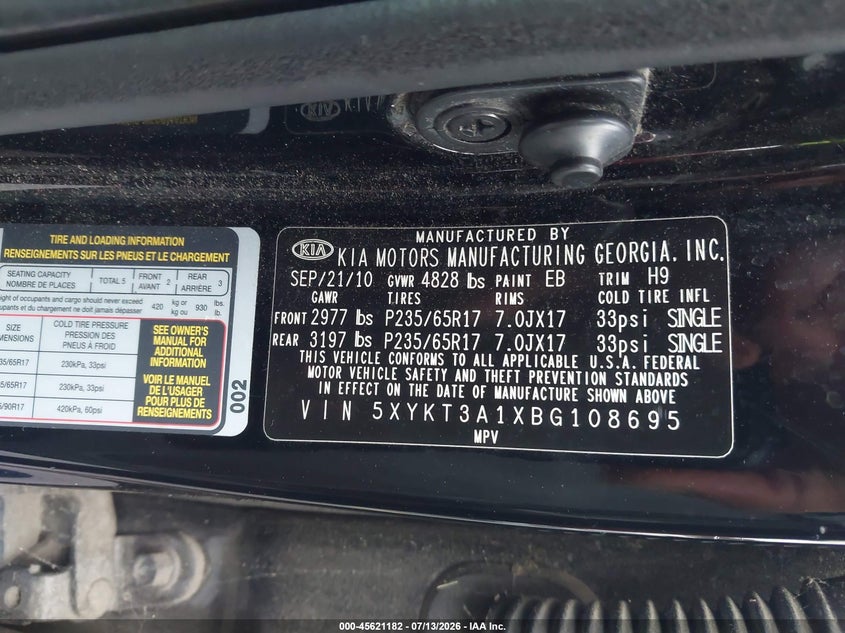 2011 Kia Sorento VIN 5XYKT3A1XBG108695 IAAI salvage auction — NORMAL WEAR, Clear (Georgia), sold $1,050 on 2026-07-22 (photo 9)