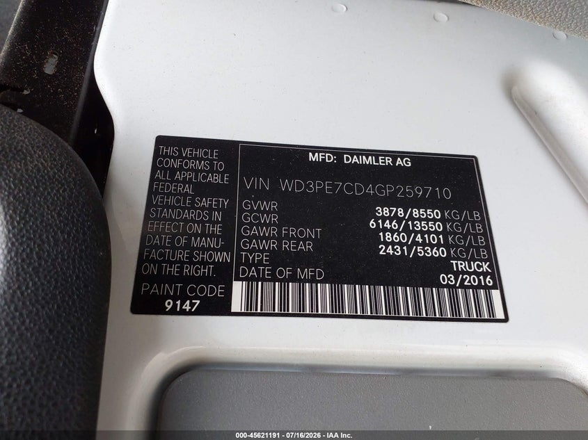 2016 Mercedes-benz Sprinter VIN WD3PE7CD4GP259710 IAAI salvage auction — NORMAL WEAR, Clear (New Jersey), sold $1,225 on 2026-07-30 (photo 9)