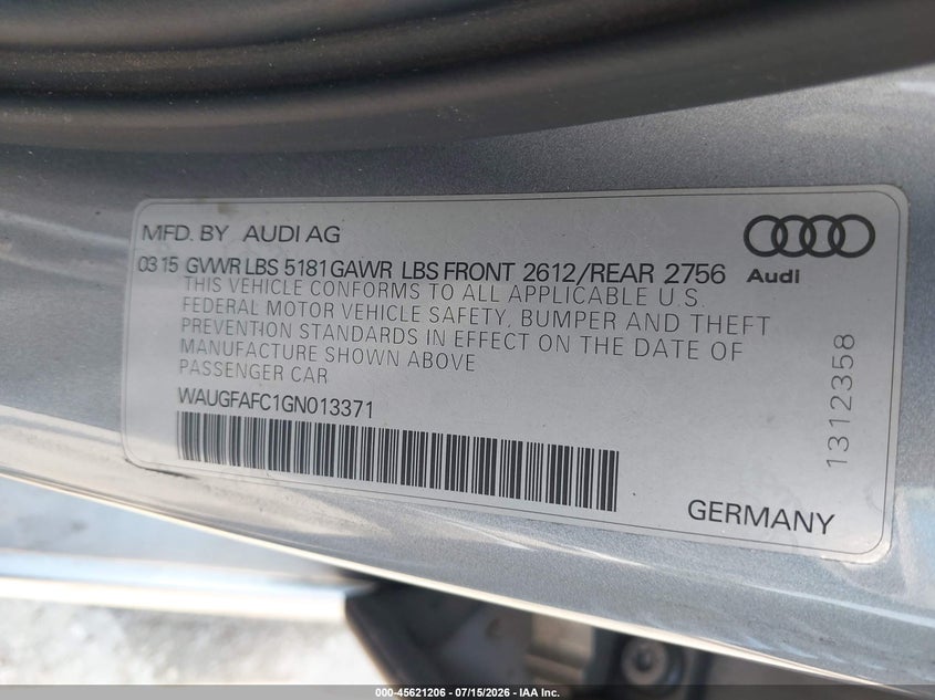 2016 Audi A6 VIN WAUGFAFC1GN013371 IAAI salvage auction — NORMAL WEAR, Clear (Virginia), sold $275 on 2026-07-23 (photo 9)