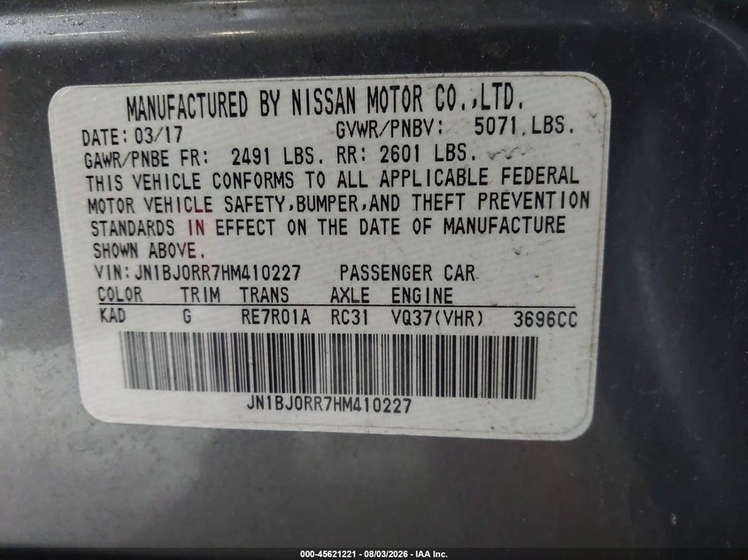 2017 Infiniti Qx50 VIN JN1BJ0RR7HM410227 IAAI salvage auction — UNKNOWN, Salvage Title, sold $825 on 2026-09-10 (photo 9)