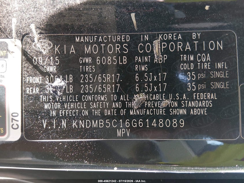 2016 Kia SEDONA VIN KNDMB5C16G6148089 IAAI salvage auction — NORMAL WEAR, Clear (Maryland), sold $800 on 2026-07-29 (photo 9)