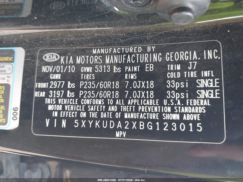 2011 Kia Sorento VIN 5XYKUDA2XBG123015 IAAI salvage auction — NORMAL WEAR, Clear - Public Restricted (Oklahoma), sold $250 on 2026-07-28 (photo 9)