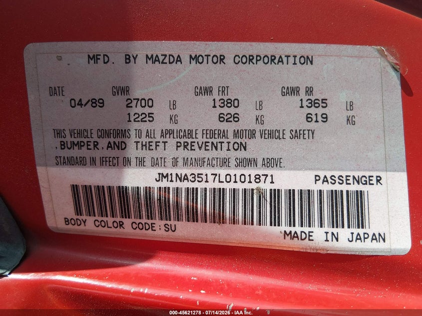 1990 Mazda Mx-5 miata VIN JM1NA3517L0101871 IAAI salvage auction — NORMAL WEAR, Clear (Nevada), sold $4,250 on 2026-07-17 (photo 9)
