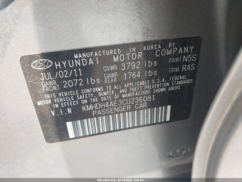 2012 Hyundai Elantra VIN KMHDH4AE3CU236081 IAAI salvage auction — FRONT & REAR, Salvage Title, sold $1,350 on 2026-08-02 (photo 9)