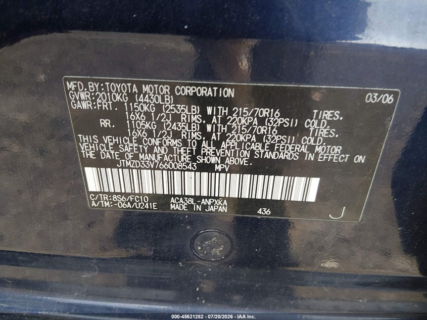 2006 Toyota Rav4 VIN JTMZD33V766008543 IAAI salvage auction — NORMAL WEAR, Clear (Pennsylvania), sold $125 on 2026-07-28 (photo 9)