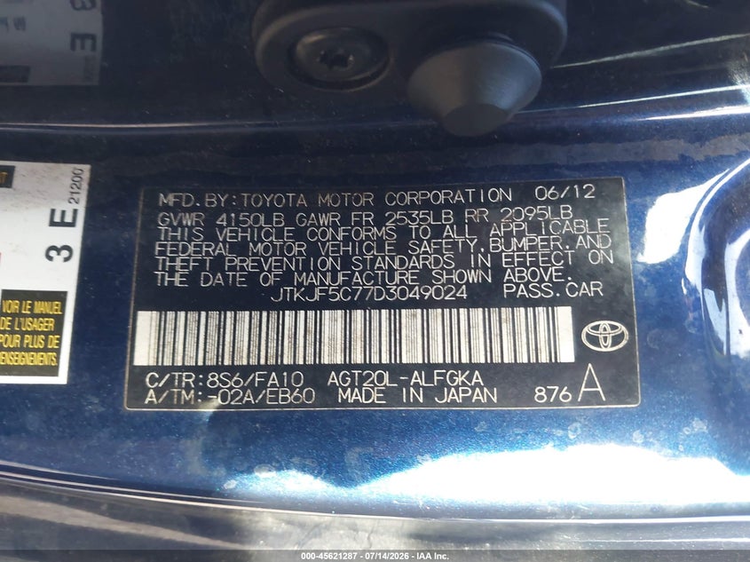 2013 Scion Tc VIN JTKJF5C77D3049024 IAAI salvage auction — NORMAL WEAR, Clear (Florida), sold $300 on 2026-07-28 (photo 9)