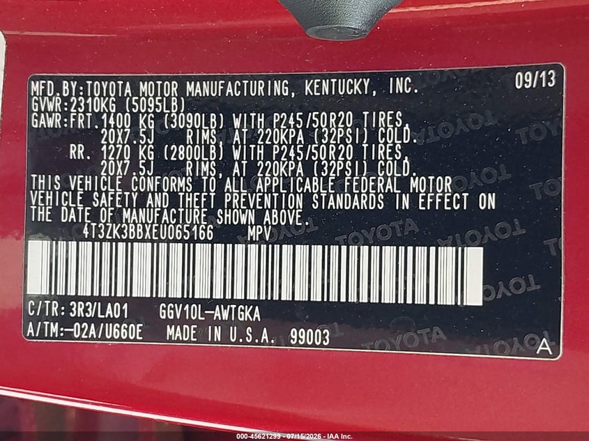 2014 Toyota Venza VIN 4T3ZK3BBXEU065166 IAAI salvage auction — NORMAL WEAR, Clear (Florida), sold $8,200 on 2026-07-20 (photo 9)
