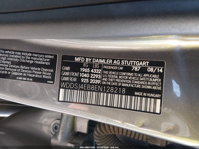 2014 Mercedes-benz Cla-klasse VIN WDDSJ4EB8EN128218 IAAI salvage auction — WATER/FLOOD, Salvage Title, sold $1,550 on 2026-08-18 (photo 9)