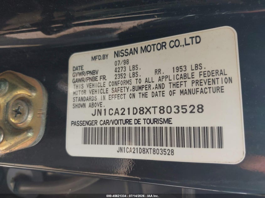 1999 Nissan Maxima VIN JN1CA21D8XT803528 IAAI salvage auction — NORMAL WEAR, Original (Texas), sold $100 on 2026-07-23 (photo 9)
