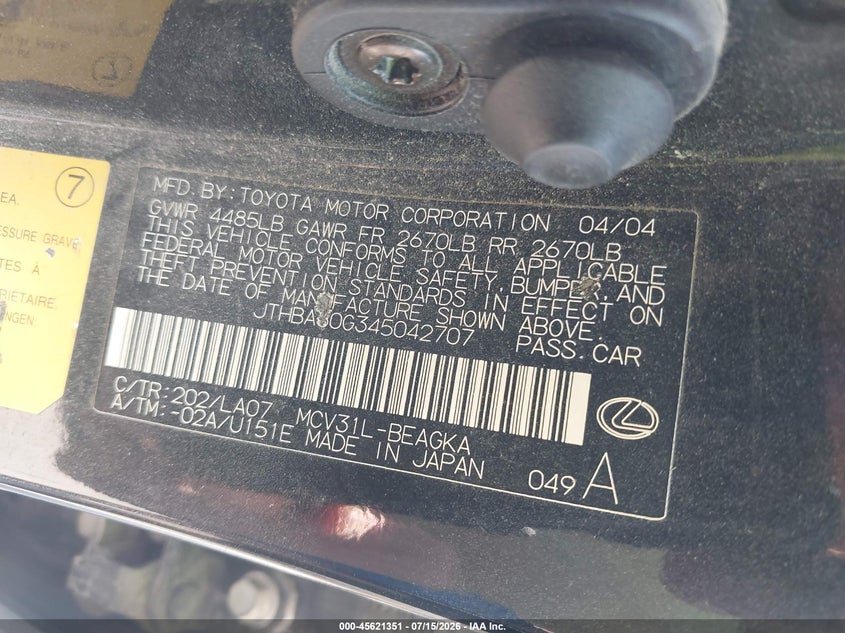 2004 Lexus Es 330 VIN JTHBA30G345042707 IAAI salvage auction — NORMAL WEAR, Clear (Illinois), sold $625 on 2026-07-20 (photo 9)