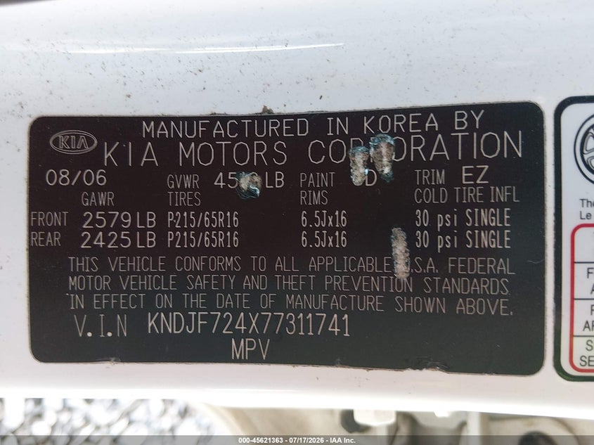 2007 Kia Sportage VIN KNDJF724X77311741 IAAI salvage auction — NORMAL WEAR, Original (West Virginia), sold $800 on 2026-07-29 (photo 9)