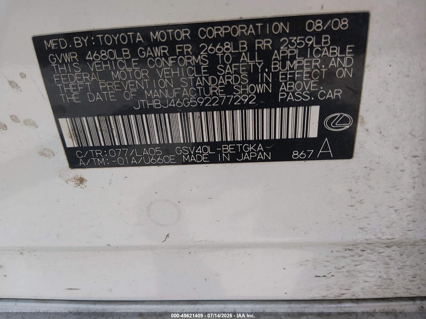 2009 Lexus Es 350 VIN JTHBJ46G592277292 IAAI salvage auction — NORMAL WEAR, Original (Texas), sold $950 on 2026-07-29 (photo 9)