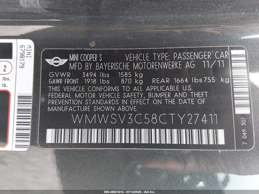 2012 Mini Cooper VIN WMWSV3C58CTY27411 IAAI salvage auction — NORMAL WEAR, Salvage Title, sold $200 on 2026-07-23 (photo 9)