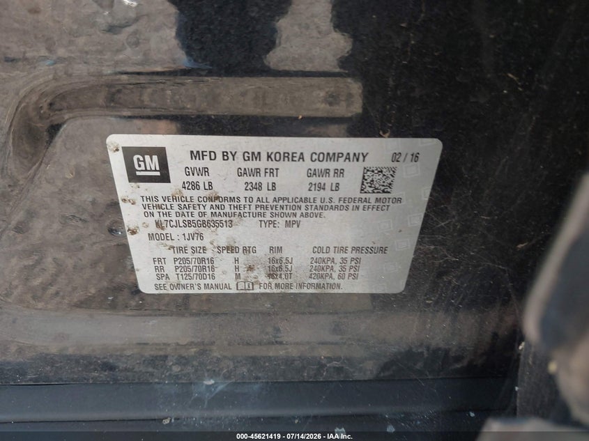 2016 Chevrolet Trax VIN KL7CJLSB5GB635513 IAAI salvage auction — NORMAL WEAR, Clear (Florida), sold $25 on 2026-07-28 (photo 9)