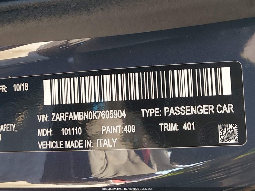 2019 Alfa romeo Giulia VIN ZARFAMBN0K7605904 IAAI salvage auction — REAR END, Salvage (California), sold $6,475 on 2026-08-10 (photo 9)
