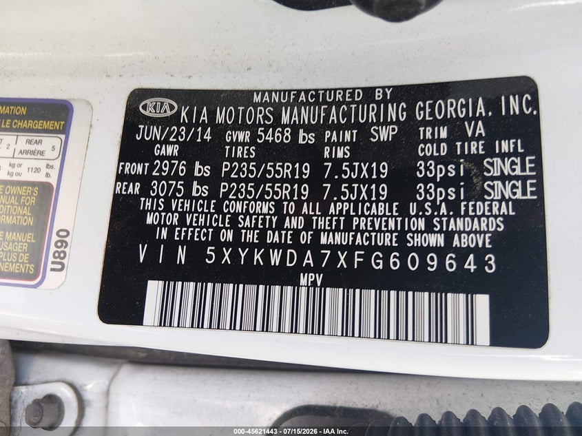 2015 Kia Sorento VIN 5XYKWDA7XFG609643 IAAI salvage auction — NORMAL WEAR, Clear (North Carolina), sold $1,300 on 2026-07-29 (photo 9)