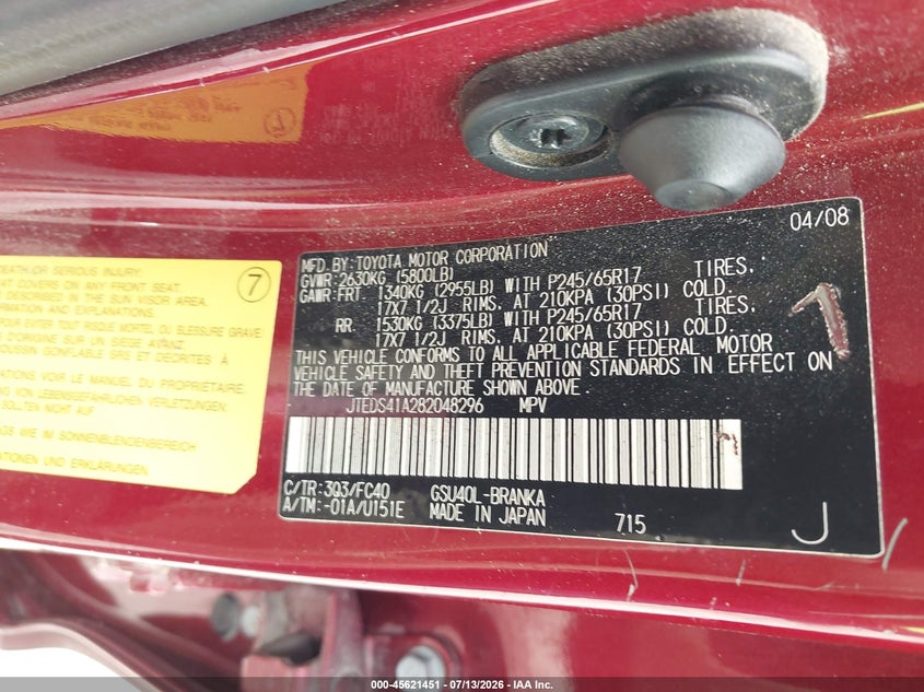 2008 Toyota Highlander VIN JTEDS41A282048296 IAAI salvage auction — NORMAL WEAR, Clear (Florida), sold $400 on 2026-07-22 (photo 9)