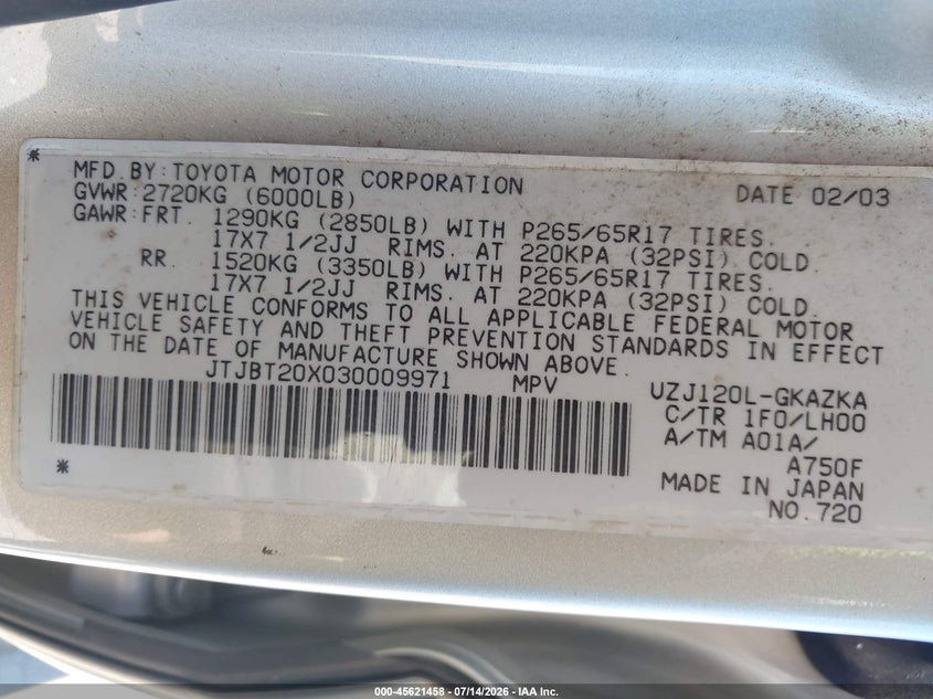 2003 Lexus Gx 470 VIN JTJBT20X030009971 IAAI salvage auction — NORMAL WEAR, Clear - Dealer Only (California), sold $3,300 on 2026-07-22 (photo 9)