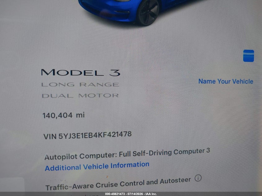 2019 Tesla Model 3 VIN 5YJ3E1EB4KF421478 IAAI salvage auction — NORMAL WEAR, Clear (California), sold $25 on 2026-07-21 (photo 7)