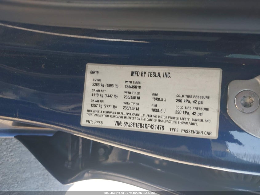 2019 Tesla Model 3 VIN 5YJ3E1EB4KF421478 IAAI salvage auction — NORMAL WEAR, Clear (California), sold $25 on 2026-07-21 (photo 9)