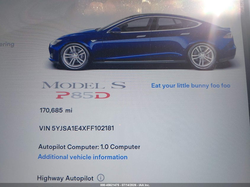2015 Tesla Model s VIN 5YJSA1E4XFF102181 IAAI salvage auction — SUSPENSION, Salvage Title, sold $1,150 on 2026-07-21 (photo 7)