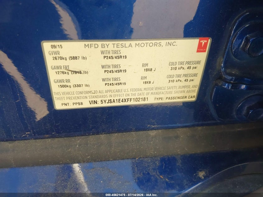 2015 Tesla Model s VIN 5YJSA1E4XFF102181 IAAI salvage auction — SUSPENSION, Salvage Title, sold $1,150 on 2026-07-21 (photo 9)