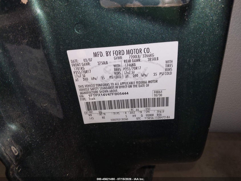 2007 Ford F-150 VIN 1FTPX14V47FB05444 IAAI salvage auction — NORMAL WEAR, Clear (Pennsylvania), sold $325 on 2026-07-24 (photo 9)