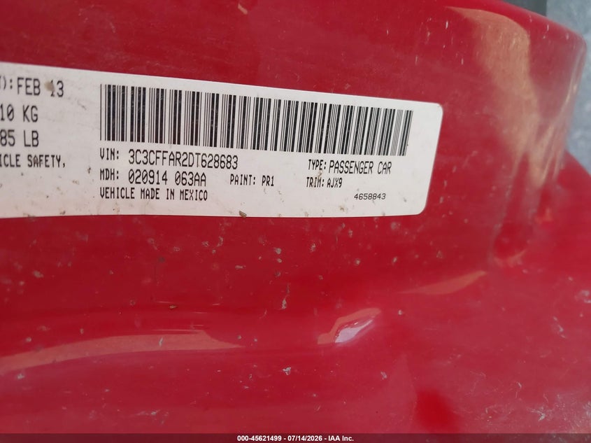2013 Fiat 500 VIN 3C3CFFAR2DT628683 IAAI salvage auction — WATER/FLOOD, Parts Only Bos (Minnesota), sold $300 on 2026-08-10 (photo 9)