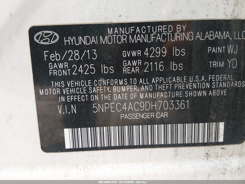 2013 Hyundai Sonata VIN 5NPEC4AC9DH703361 IAAI salvage auction — NORMAL WEAR, Clear (New Jersey), sold $1,200 on 2026-07-30 (photo 9)