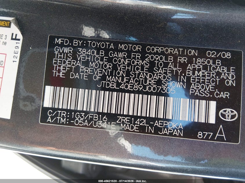 2009 Toyota Corolla VIN JTDBL40E89J007305 IAAI salvage auction — NORMAL WEAR, Clear - Dealer Only (California), sold $1,500 on 2026-07-30 (photo 9)