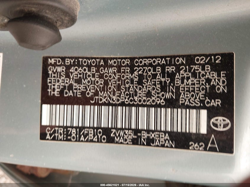 2012 Toyota Prius VIN JTDKN3DP6C3002096 IAAI salvage auction — NORMAL WEAR, Clear (New York), sold $50 on 2026-07-28 (photo 9)