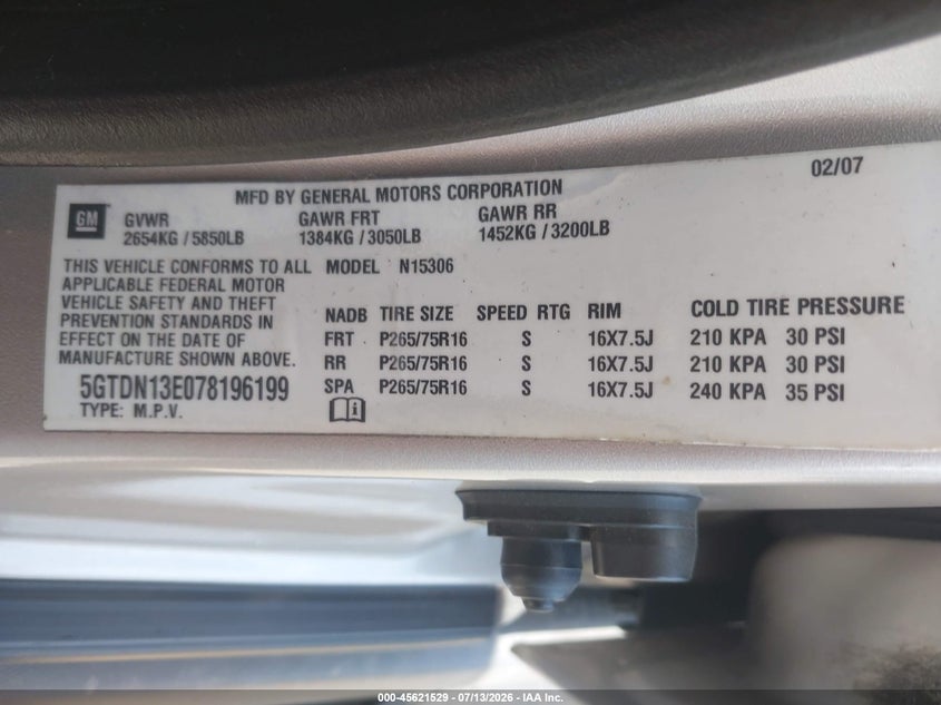2007 Hummer H3 VIN 5GTDN13E078196199 IAAI salvage auction — NORMAL WEAR, Clear (Massachusetts), sold $1,475 on 2026-07-17 (photo 9)