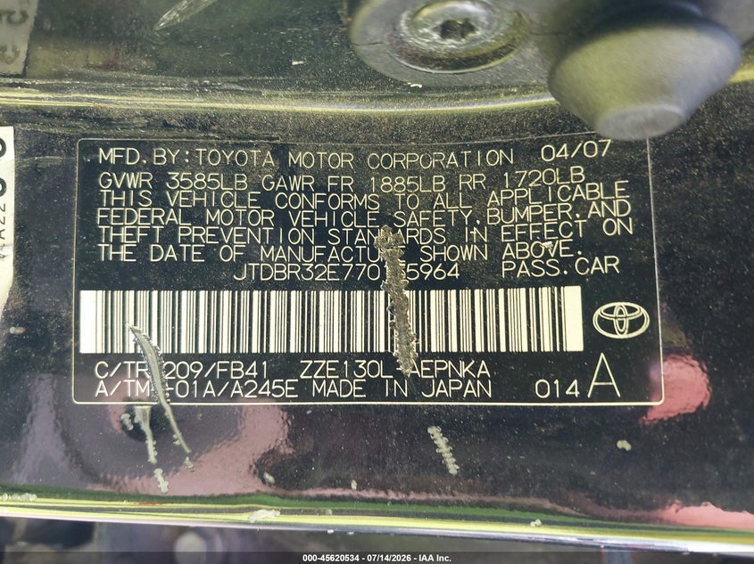 2007 Toyota Corolla VIN JTDBR32E770135964 IAAI salvage auction — NORMAL WEAR, Clear (Michigan), sold $500 on 2026-07-30 (photo 9)