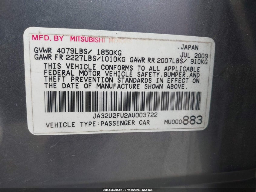 2010 Mitsubishi Lancer VIN JA32U2FU2AU003722 IAAI salvage auction — NORMAL WEAR, Clear (Texas), sold $75 on 2026-07-23 (photo 9)