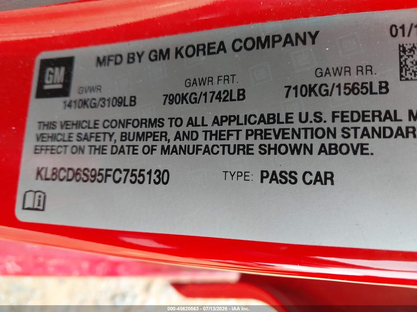2015 Chevrolet Spark VIN KL8CD6S95FC755130 IAAI salvage auction — NORMAL WEAR, Clear (Virginia), sold $675 on 2026-07-27 (photo 9)