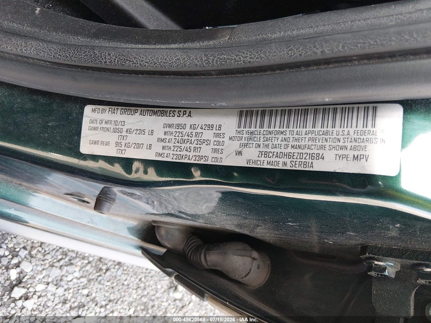 2014 Fiat 500l VIN ZFBCFADH6EZ021684 IAAI salvage auction — NORMAL WEAR, Clear (New Jersey), sold $525 on 2026-07-29 (photo 9)