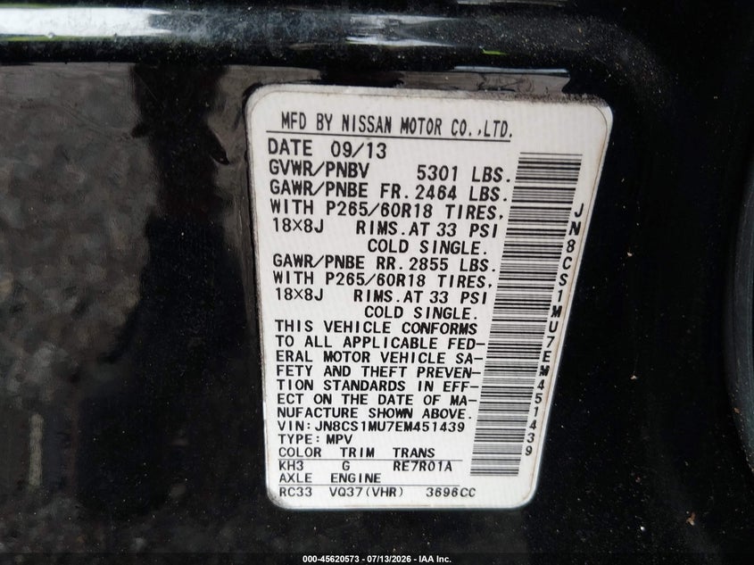 2014 Infiniti Qx70 VIN JN8CS1MU7EM451439 IAAI salvage auction — NORMAL WEAR, Clear (Florida), sold $700 on 2026-07-21 (photo 9)