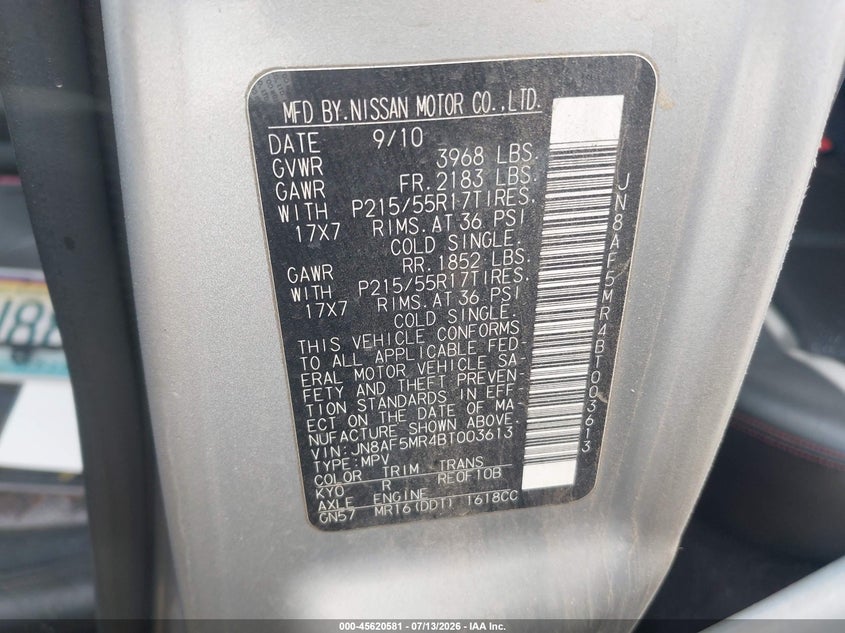 2011 Nissan Juke VIN JN8AF5MR4BT003613 IAAI salvage auction — NORMAL WEAR, Clear-Dealer Only (Arizona), sold $475 on 2026-07-28 (photo 9)