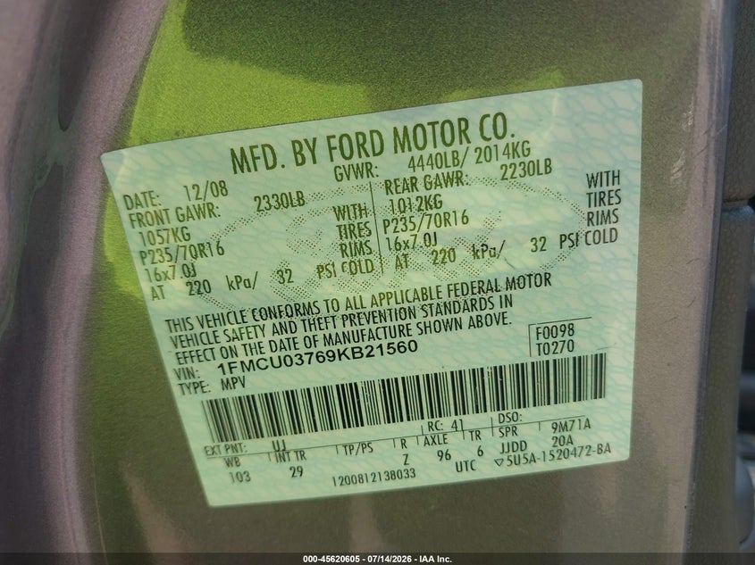 2009 Ford Escape VIN 1FMCU03769KB21560 IAAI salvage auction — REAR END, Salvage (Illinois), sold $750 on 2026-09-05 (photo 9)